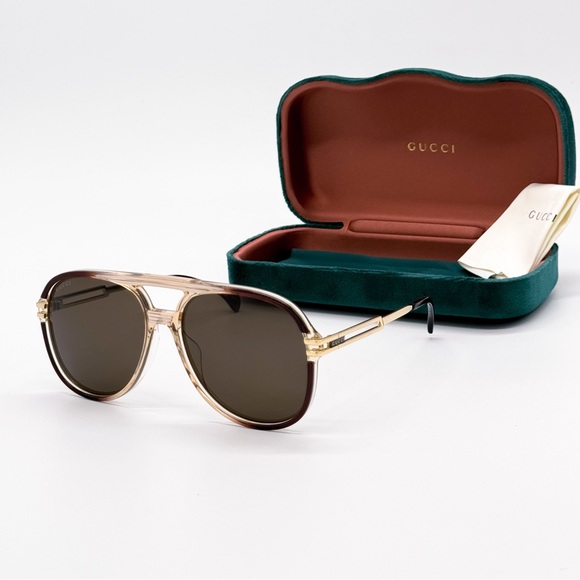 NEW GUCCI GG1104S 002 AVIATOR BROWN UNISEX SUNGLASSES GUCCI - Picture 3 of 12